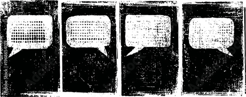 grunge speech bubbles in rectangular frames with textured distressed effect, dialogue concept