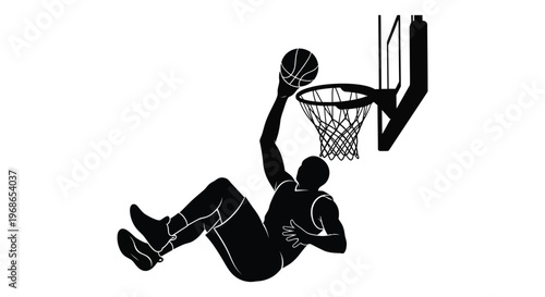 A dynamic black silhouette depicts a basketball player executing a powerful dunk during a game silhouette high quality professional detailed modern