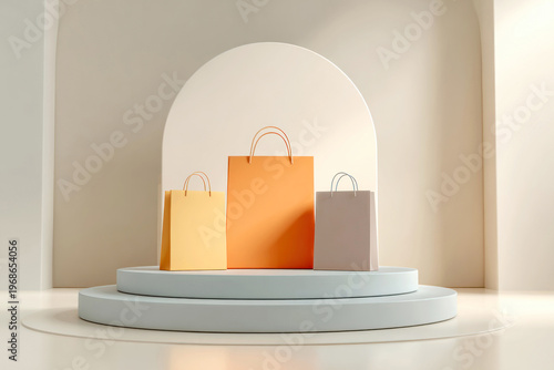 Background wallpaper, 3D podium with colorful shopping bags placed on top, retail concept, e-commerce, product display, vibrant colors, high resolution, copy space