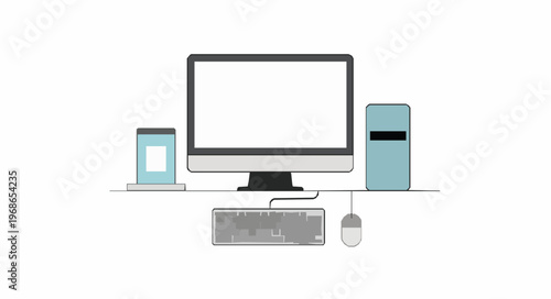 Minimal desktop computer setup vector with monitor keyboard and mouse flat design isolated on white background