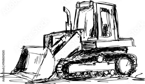 Tracked bulldozer digging and moving earth heavy construction machinery with shovel bucket and caterpillar tracks