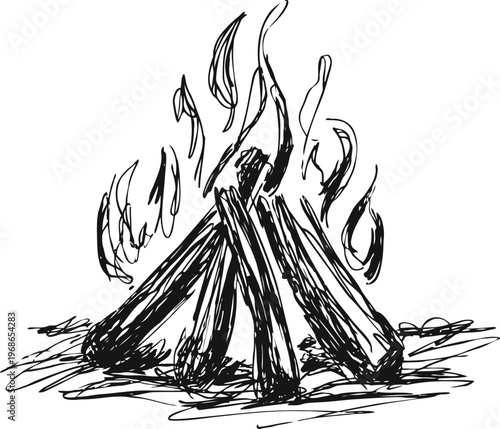 Campfire sketch with burning wood logs and flickering flames in black ink drawing