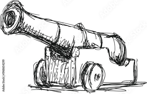 vintage hand drawn cannon on wooden carriage with wheels, historical weapon sketch