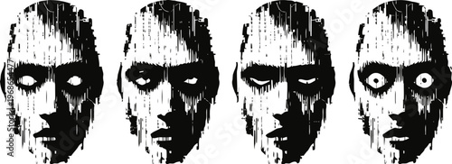 abstract black and white distressed faces showing different emotional expressions and facial distortion