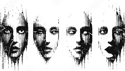 abstract faces with vertical glitch effect digital art of fragmented human expressions in monochrome