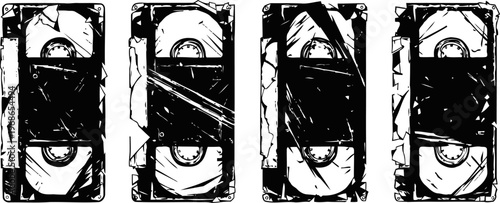 Vintage vhs cassette tape set with worn out labels and scratches, isolated on a white background