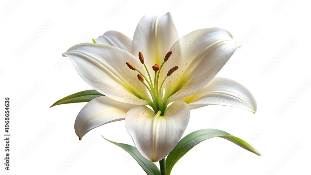 Fototapeta premium Beautiful white lily flower with green leaves isolated on white background