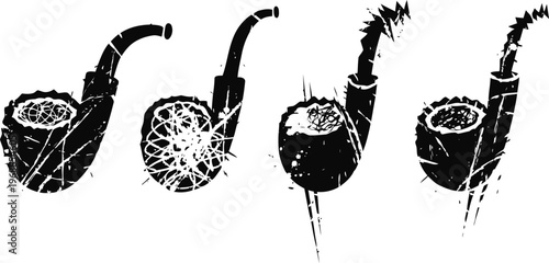 Black silhouette vintage smoking pipes with smoke curling upward set collection