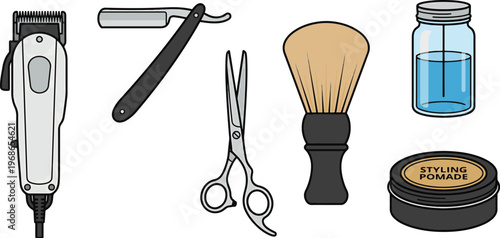 A collection of grooming tools arranged on a surface includes electric shaver.