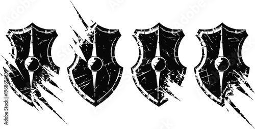 Grunge medieval shields with scratches, vintage armor protection emblems in black silhouette