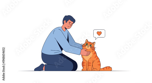Young man petting a cute orange tabby cat with a heart symbol speech bubble