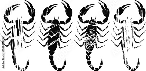 grunge scorpion silhouettes in four variations black distressed insect designs with segmented tails and pincers