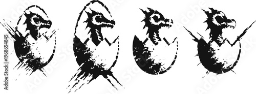 Four grunge baby chicks hatching from eggs, black silhouette illustration set