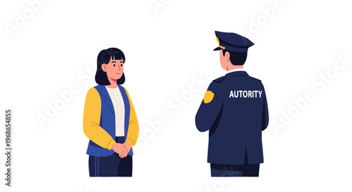 Police Officer Speaking with a Young Woman in a Flat Vector Illustration
