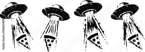 alien spaceship abducting pizza slices with bright beams in black and white illustration