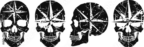 grunge skull icons with compass rose symbols in front and side views, vintage tattoo designs