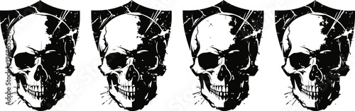 black and white skull illustration with cracked texture in a repeated pattern design