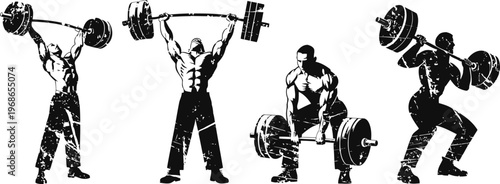 Silhouettes of muscular men performing various weightlifting exercises with barbells and dumbbells