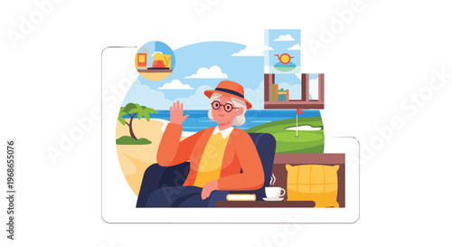 Senior Woman Enjoying Retirement Lifestyle with Beach and Golf Vacation Memories