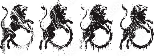 Grunge lion silhouettes set wild animal in various standing roaring poses with distressed texture