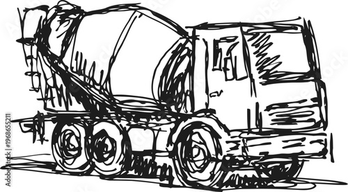 sketch of a cement mixer truck with a rotating drum on a heavy duty chassis