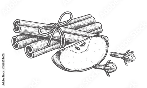 Hand drawn cinnamon sticks apple slice and cloves