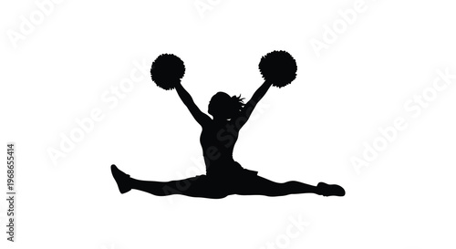 A dynamic black silhouette of a cheerleader performing a split jump with pom poms raised high in the air silhouette