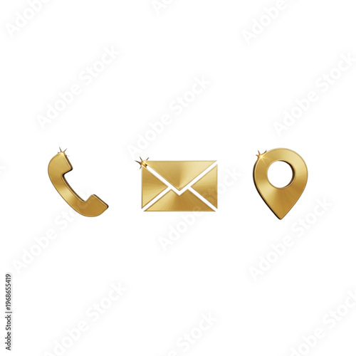 A set of gold contact icons including phone, email, and location