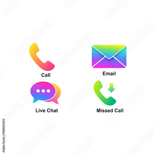 A set of colorful communication icons for call, email, live chat, and missed call