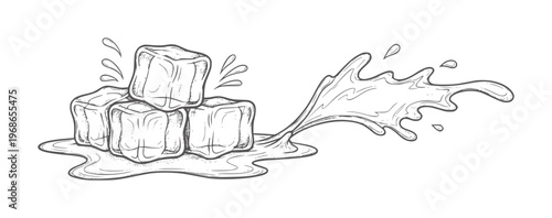 Hand drawn ice cubes melting with water splash