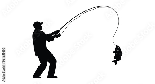 A fisherman battles a jumping fish depicted in a striking black silhouette high quality professional detailed modern elegant stylish clean crisp