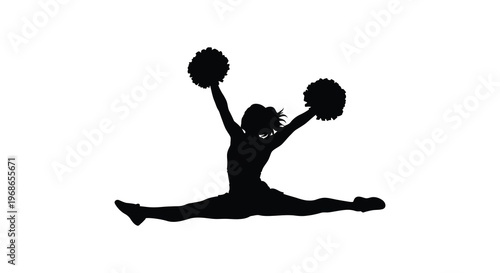 A dynamic black silhouette of a cheerleader performing a split jump with pom poms raised high in the air silhouette high quality