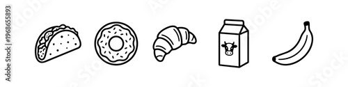 Food and snack icons set featuring taco, donut, croissant, milk carton and banana. Simple line art illustration
