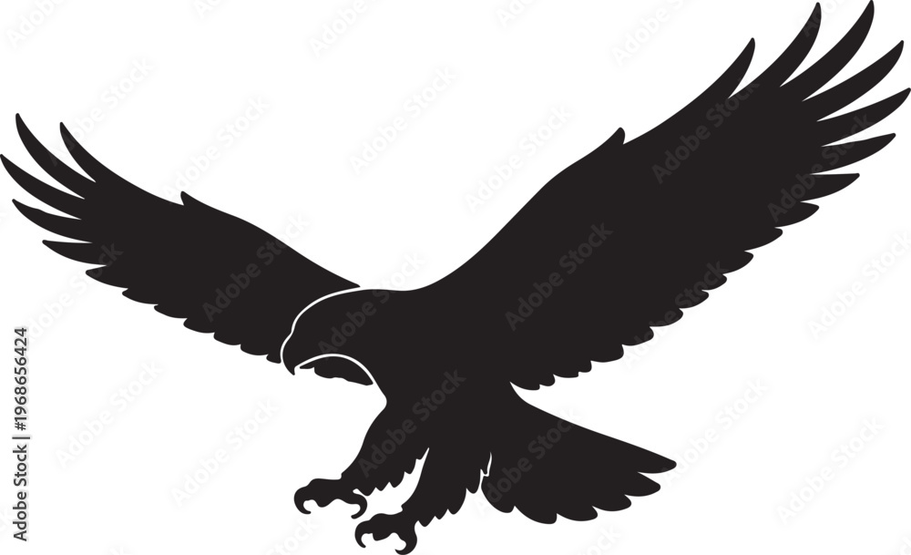 Fototapeta premium Black silhouette of a majestic eagle flying with its wings spread wide on a white background