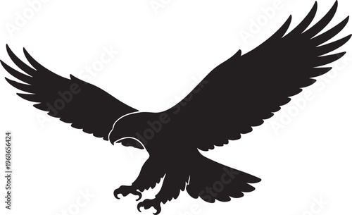 Black silhouette of a majestic eagle flying with its wings spread wide on a white background