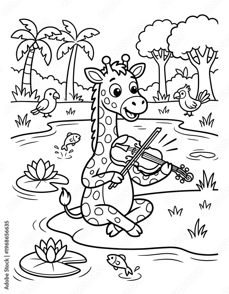 Fototapeta premium Cartoon Giraffe Playing Violin by Pond with Fish Coloring Page