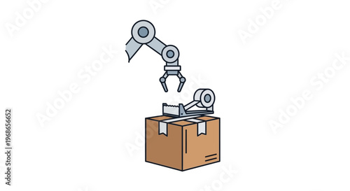 Robotic Arm Handling a Cardboard Package on a Production Line in an Automated Factory Setting, Isolated White Background