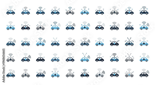 Collection of Self-Driving Car and Autonomous Vehicle Icons with Various Sensors and Signals on Isolated White Background