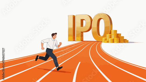 Businessman running on track with IPO and coins
