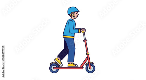 Cartoon Illustration of a Boy Wearing a Helmet Riding a Kick Scooter