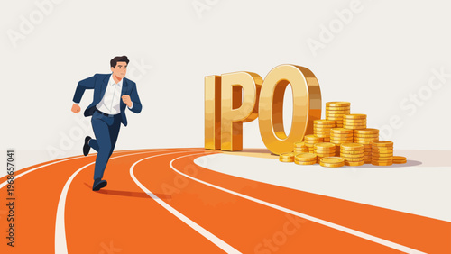 Businessman running on track with IPO and coins