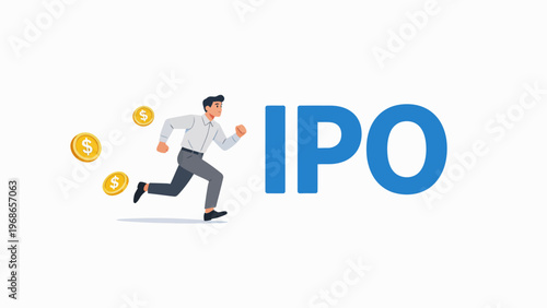 Man running with coins near IPO text
