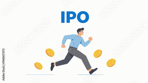 Man running with coins and IPO text