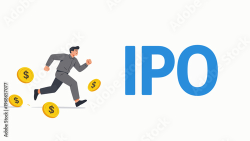 Man running with coins near IPO text
