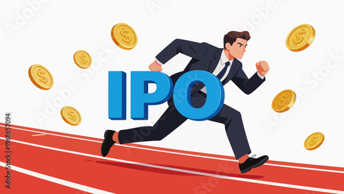 Businessman running on track with coins