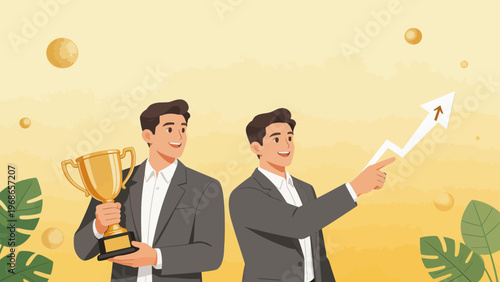 Businessmen with trophy and growth arrow