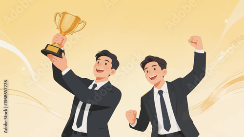 Two men in suits celebrating with trophy