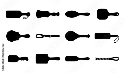 Adult accessory paddle and strap silhouette icon set with minimal product shapes isolated on white background