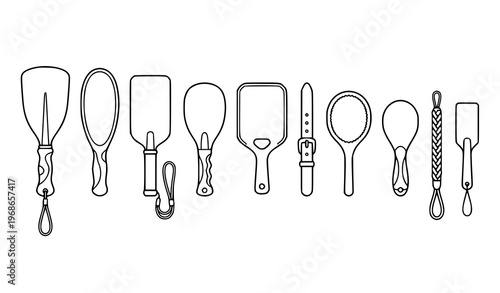Accessory tool outline icon collection with paddle and strap shapes in minimal line style isolated on white background