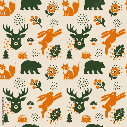 Intricate scandinavian style seamless flat design graphic featuring repeating forest animals trees mushrooms and berries on a warm beige background.